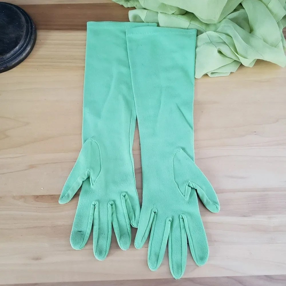 60s Green Elbow Length Gloves and‎ Silk(?) Scarf